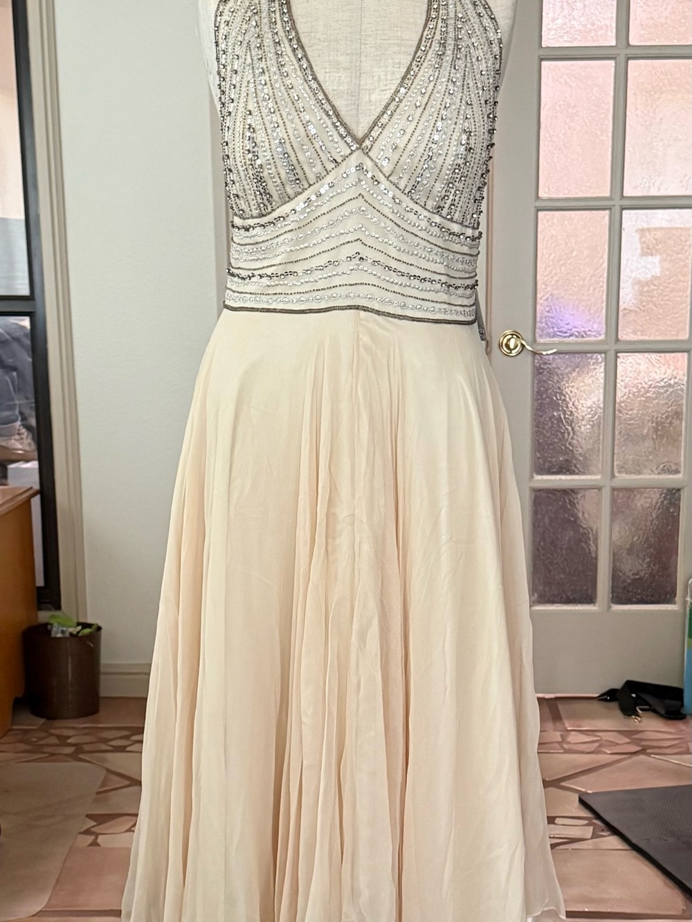 Adrianna Papell Ivory Beaded V-Neck Halter Gown